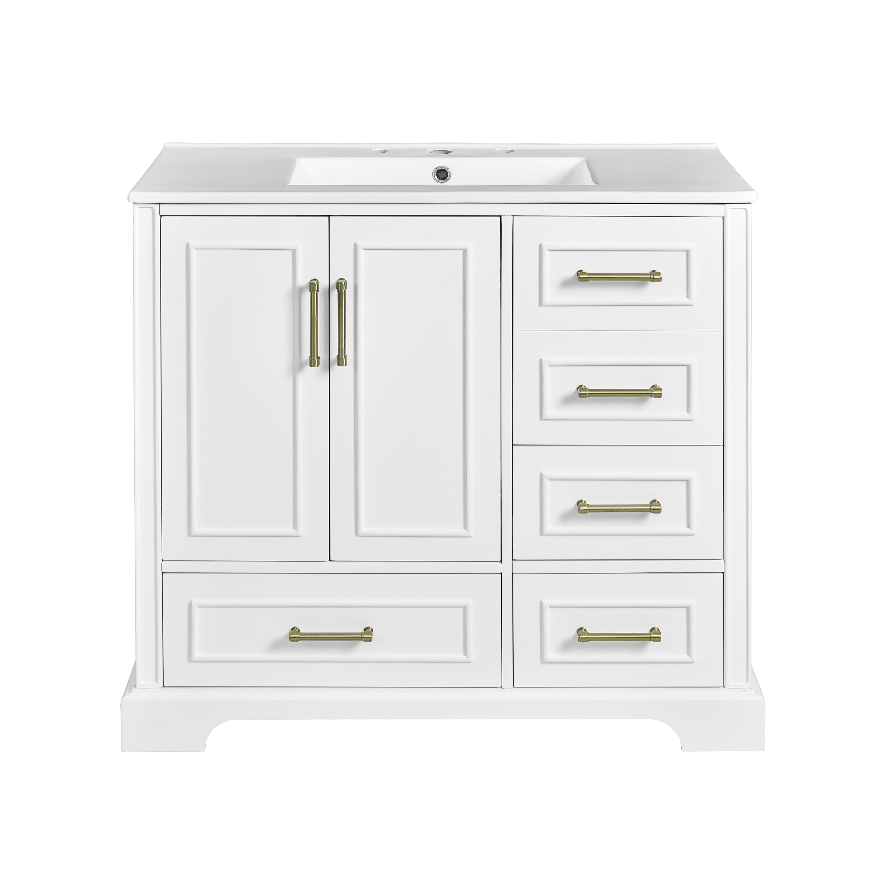 VanityFus 36-in Bathroom Vanity Single Sink Combo with Ceramic White Top 2 Soft-Close Doors 4 drawer
